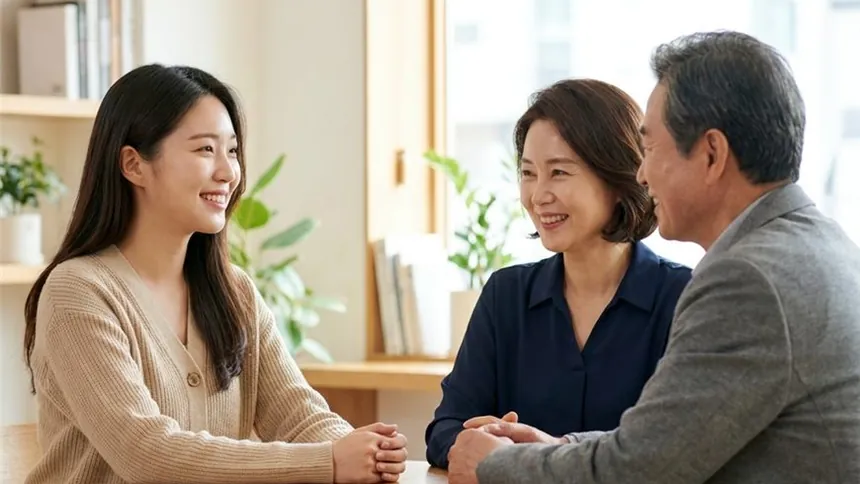 부모님과 자녀가 함께 웃으며 이야기 나누는 모습