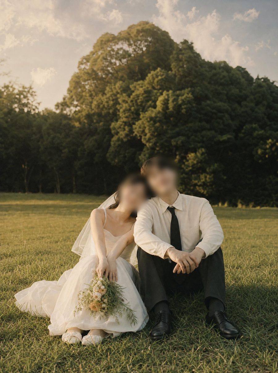 잔디밭에 나란히 앉은 장○○·김○○ 부부 웨딩 스냅